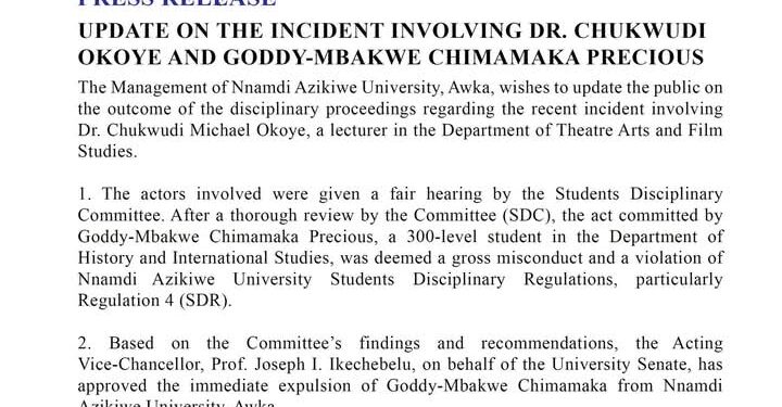 Nnamdi Azikiwe University Expels Student After Assault Incident